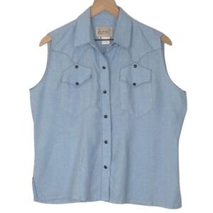 VTG‎ TRUE WEST Rockmount Ranch Wear 100% Linen Western Snap Shirt Women's M Blue